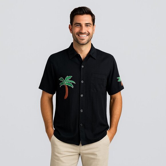 Tropical Palm Tree Button Shirt Black Linen Blend Beach Coastal Resort Vacation - Picture 4 of 8